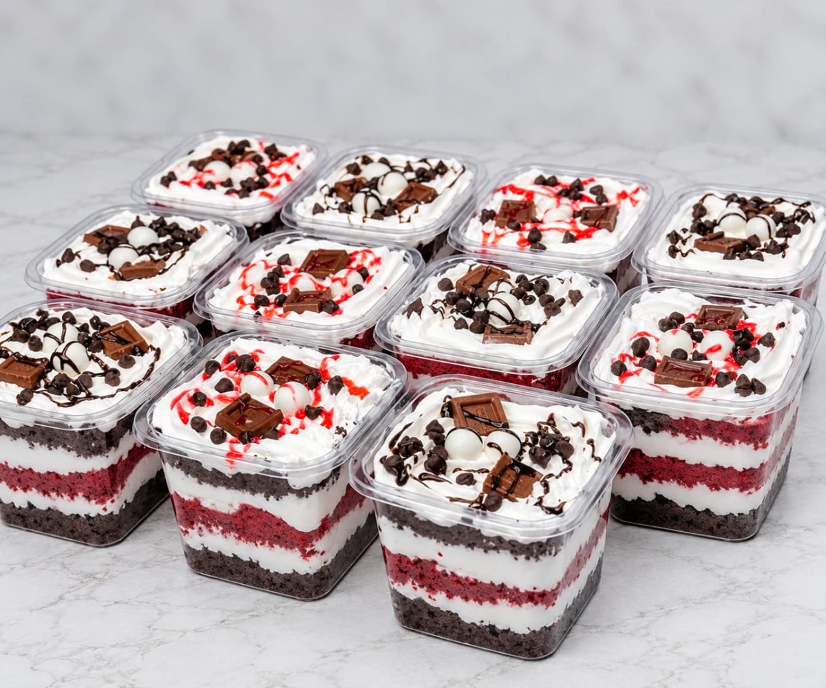 Cake parfait cups with red velvet and chocolate layers